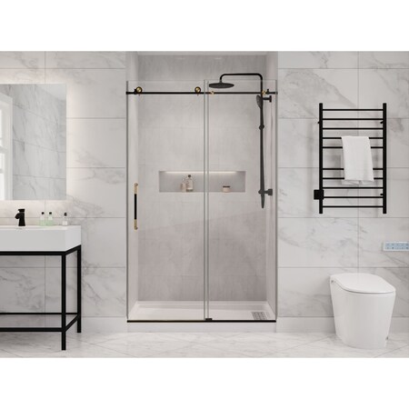 Anzzi Madam Series 76-in. x 48-in. Frameless Sliding Shower Door in Matte Black/Brushed Gold SD-AZ13-01MBBG